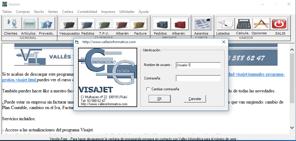 Primera pantalla programa de facturación y contabilidad Visajet.